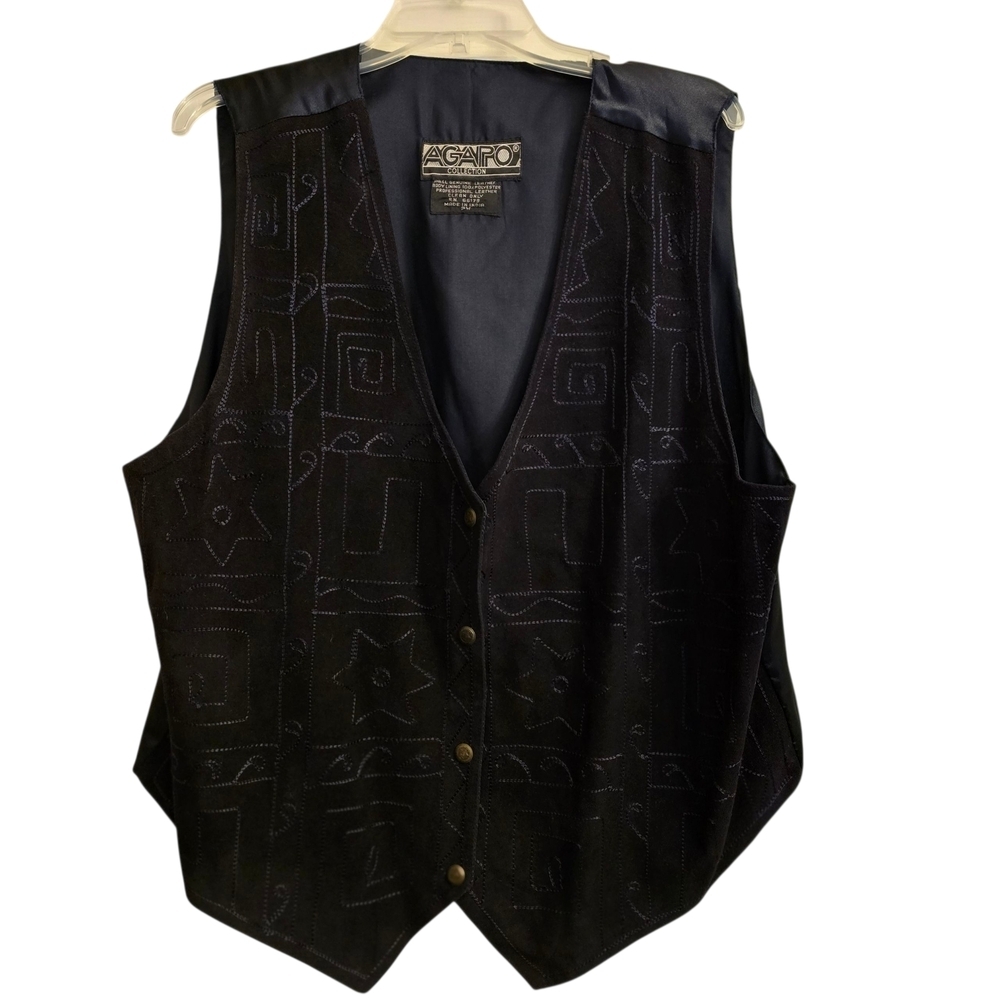 Vintage Agapo Navy Blue Suade Leather Western Embroidered Vest